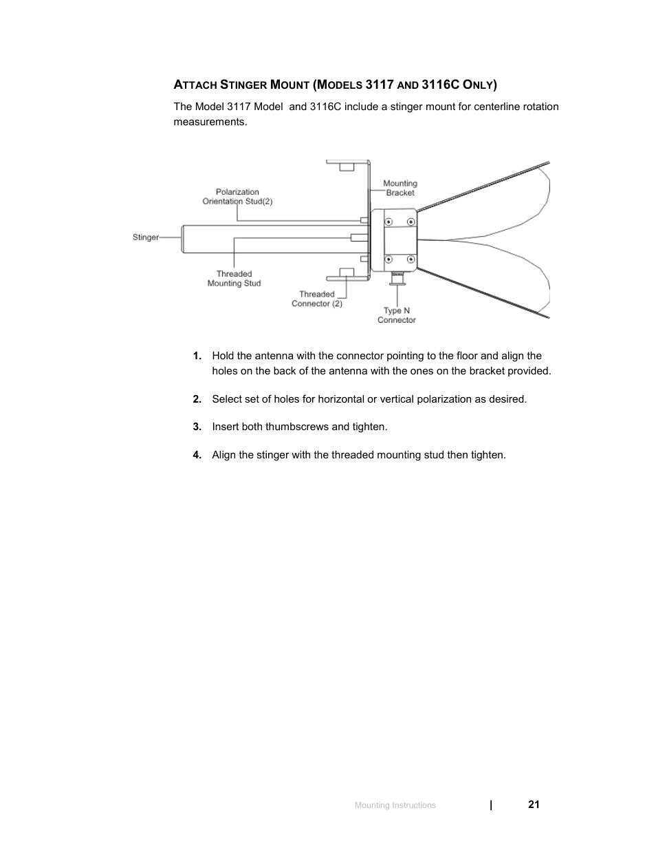 Attach stinger mount (models 3117 and 3116c only) | ETS-Lindgren 3119 Double-Ridged Waveguide Horn User Manual | Page 21 / 79