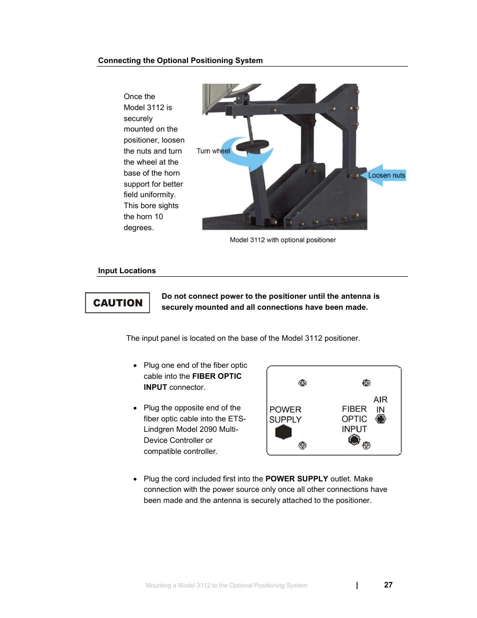 Connecting the optional positioning system, Input locations | ETS-Lindgren 3119 Double-Ridged Waveguide Horn User Manual | Page 27 / 79