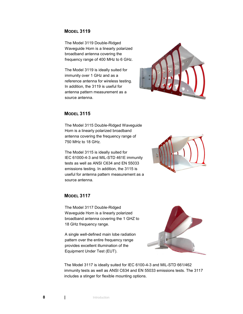Model 3119, Model 3115, Model 3117 | ETS-Lindgren 3119 Double-Ridged Waveguide Horn User Manual | Page 8 / 79