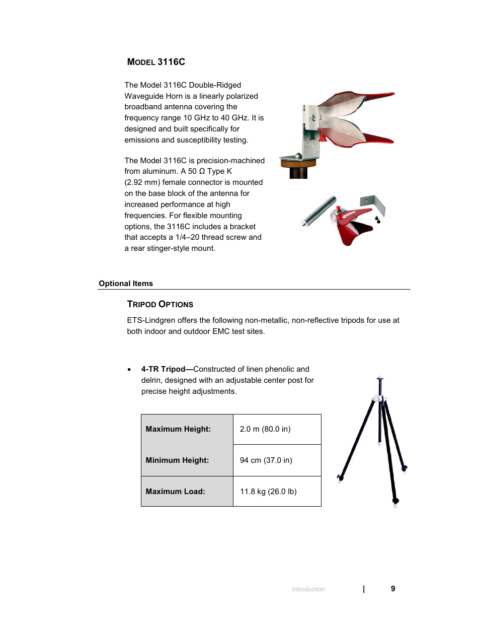 Model 3116c, Optional items, Tripod options | ETS-Lindgren 3119 Double-Ridged Waveguide Horn User Manual | Page 9 / 79