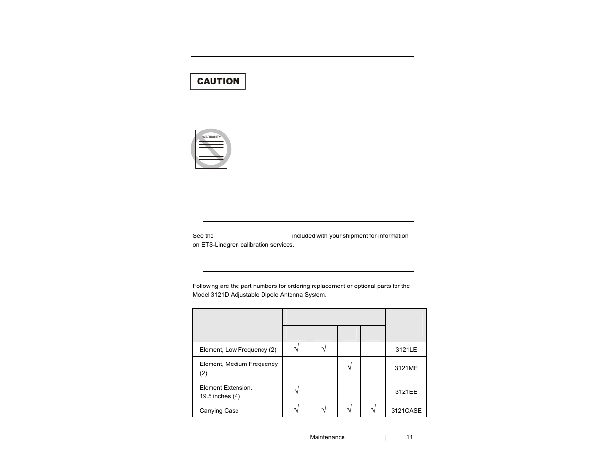 0 maintenance | ETS-Lindgren 3121D Dipole User Manual | Page 11 / 39