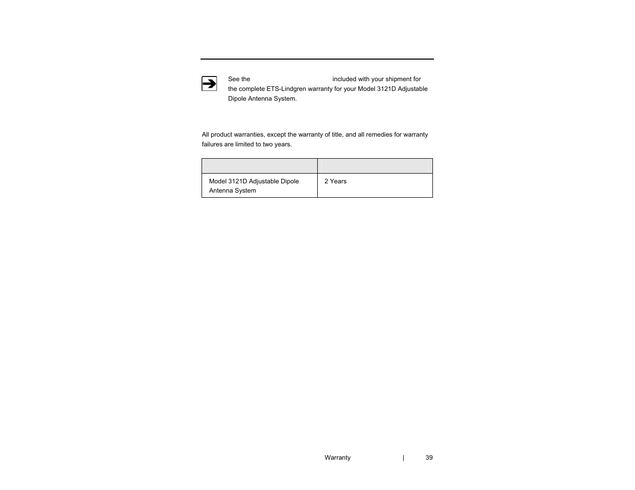 Appendix a: warranty | ETS-Lindgren 3121D Dipole User Manual | Page 39 / 39
