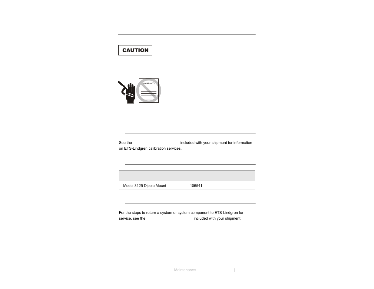 0 maintenance, Annual calibration, Optional parts | Service procedures | ETS-Lindgren 3125 Precision Dipole Antenna User Manual | Page 11 / 21