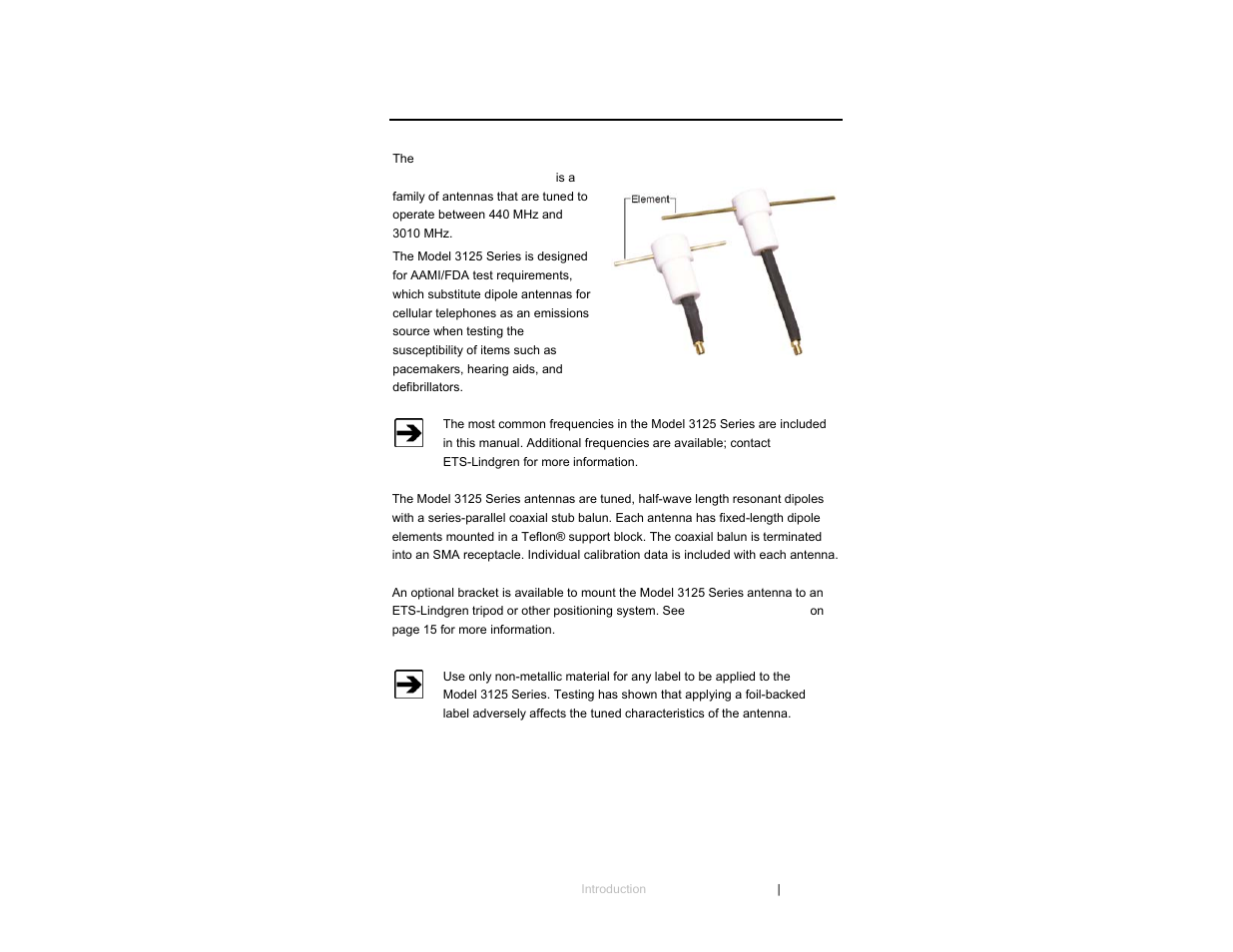 0 introduction | ETS-Lindgren 3125 Precision Dipole Antenna User Manual | Page 7 / 21
