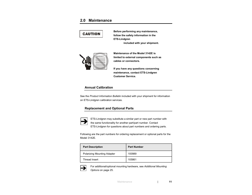 0 maintenance, Annual calibration, Replacement and optional parts | ETS-Lindgren 3142E BiConiLog Antenna User Manual | Page 11 / 43