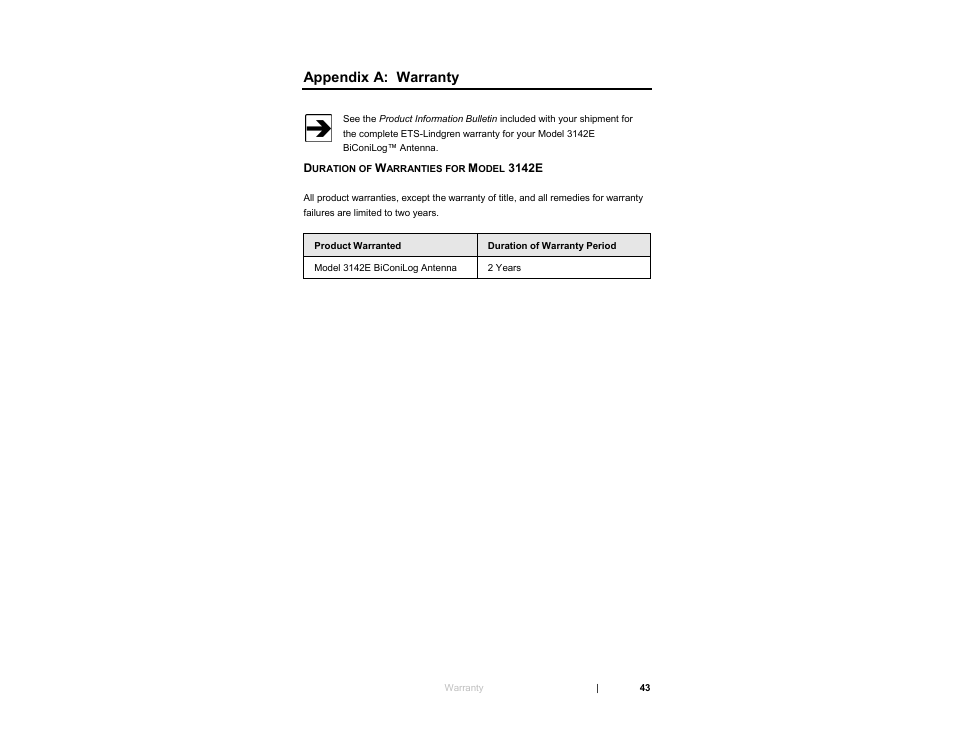 Appendix a: warranty | ETS-Lindgren 3142E BiConiLog Antenna User Manual | Page 43 / 43