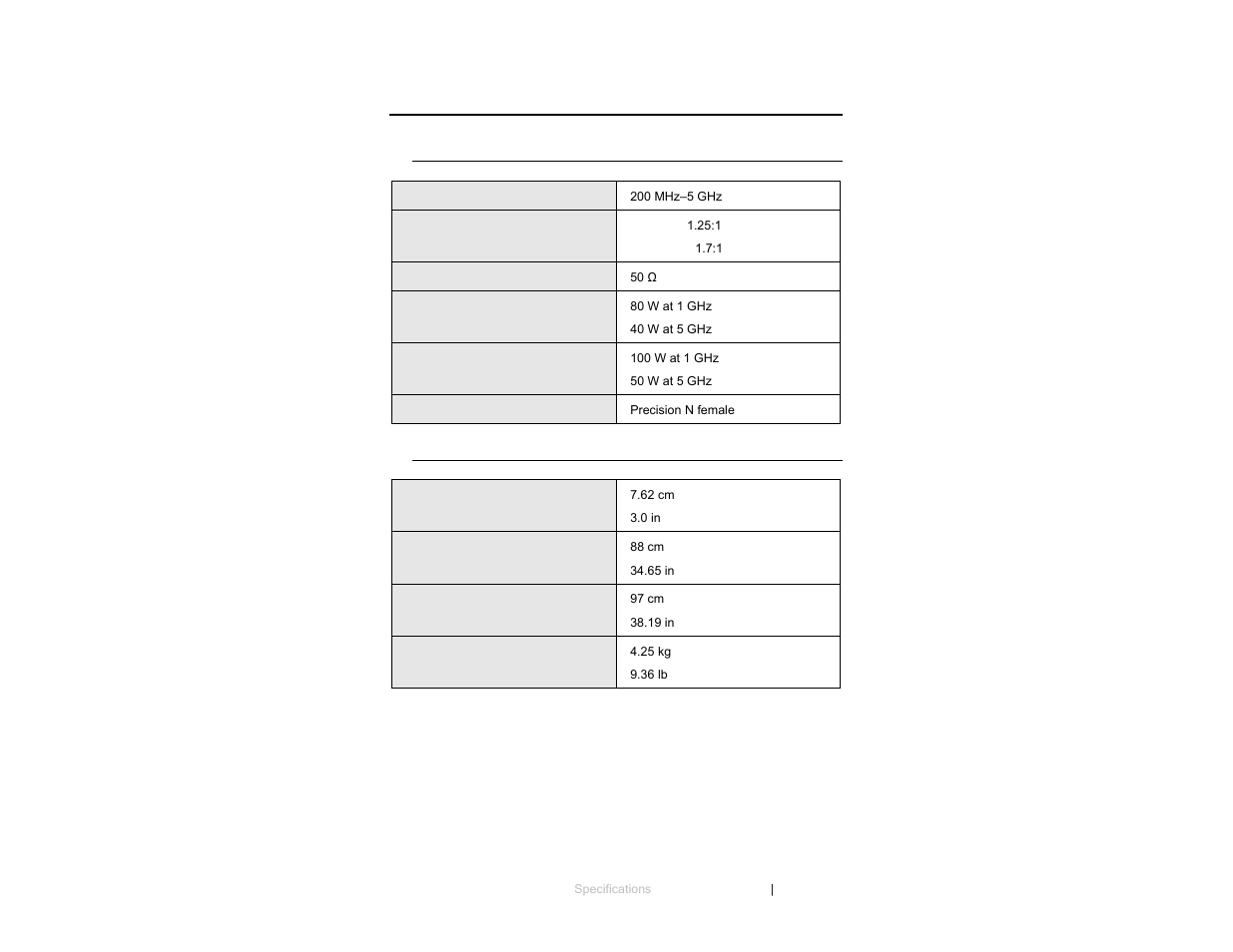 0 specifications, Electrical specifications, Physical specifications | ETS-Lindgren 3147 Log Periodic Dipole Array Antenna User Manual | Page 13 / 49
