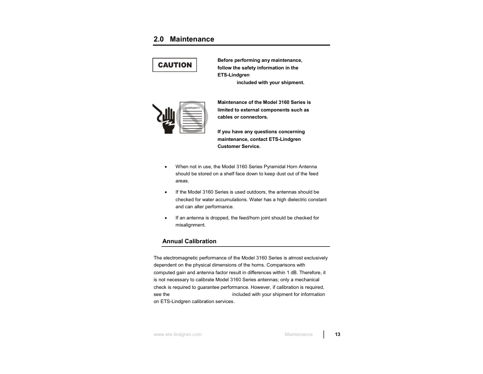 0 maintenance | ETS-Lindgren 3160 Pyramidal Standard Gain Antenna User Manual | Page 13 / 90