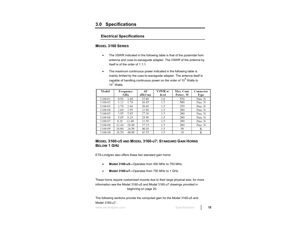 0 specifications | ETS-Lindgren 3160 Pyramidal Standard Gain Antenna User Manual | Page 15 / 90