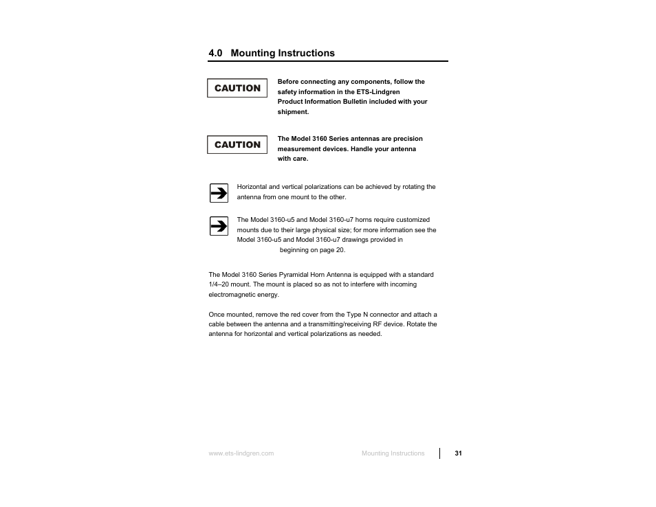 0 mounting instructions | ETS-Lindgren 3160 Pyramidal Standard Gain Antenna User Manual | Page 31 / 90