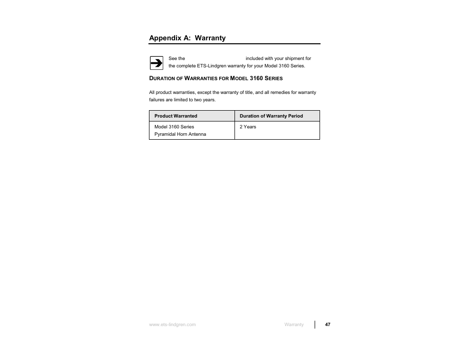 Appendix a: warranty | ETS-Lindgren 3160 Pyramidal Standard Gain Antenna User Manual | Page 47 / 90