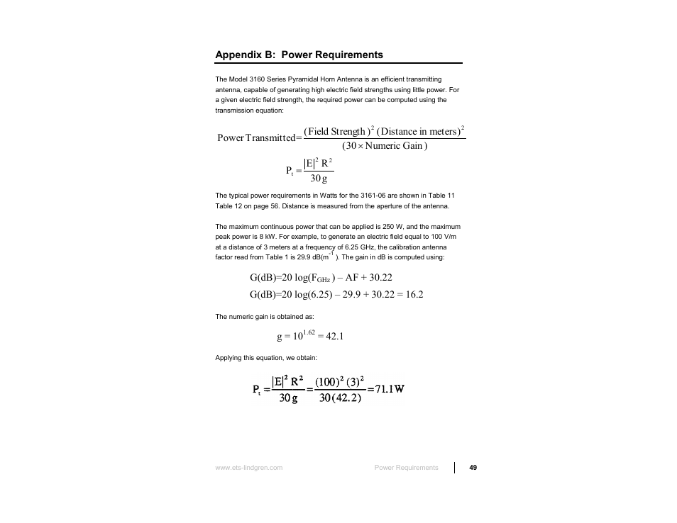 Appendix b: power requirements | ETS-Lindgren 3160 Pyramidal Standard Gain Antenna User Manual | Page 49 / 90