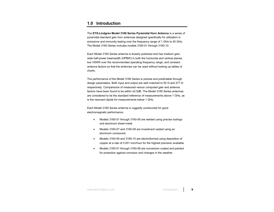 0 introduction | ETS-Lindgren 3160 Pyramidal Standard Gain Antenna User Manual | Page 9 / 90