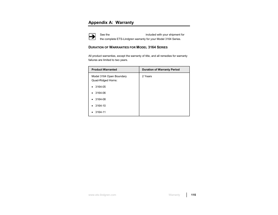 Appendix a: warranty | ETS-Lindgren 3164-10 Open Boundary Quad-Ridged Horn User Manual | Page 115 / 115