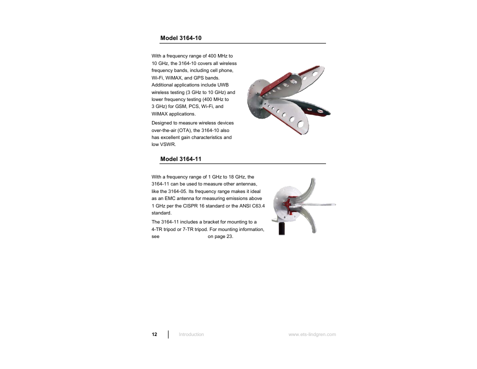 Model 3164-10, Model 3164-11 | ETS-Lindgren 3164-10 Open Boundary Quad-Ridged Horn User Manual | Page 12 / 115