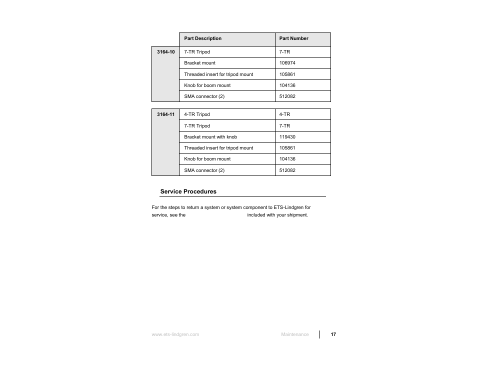 Service procedures | ETS-Lindgren 3164-10 Open Boundary Quad-Ridged Horn User Manual | Page 17 / 115