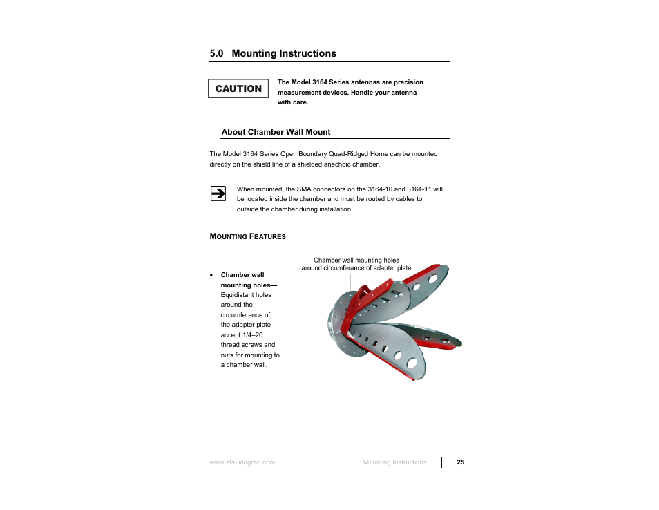 0 mounting instructions, About chamber wall mount, Mounting features | ETS-Lindgren 3164-10 Open Boundary Quad-Ridged Horn User Manual | Page 25 / 115