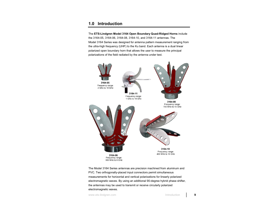 0 introduction | ETS-Lindgren 3164-10 Open Boundary Quad-Ridged Horn User Manual | Page 9 / 115