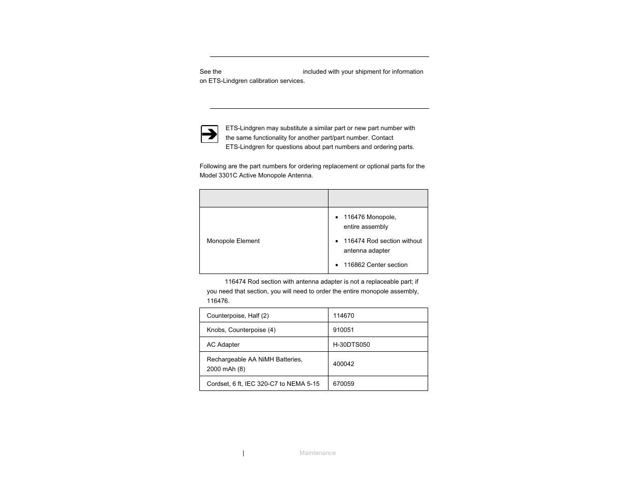 Annual calibration, Replacement and optional parts | ETS-Lindgren 3301C Active Monopole User Manual | Page 16 / 62