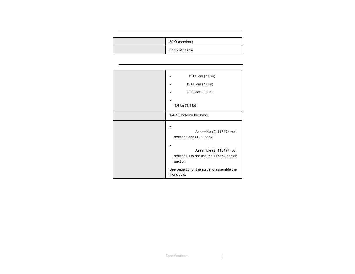 Electrical specifications, Physical specifications | ETS-Lindgren 3301C Active Monopole User Manual | Page 21 / 62