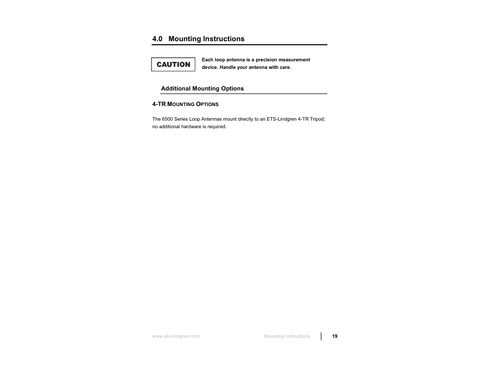 0 mounting instructions, Additional mounting options, Tr mounting options | ETS-Lindgren 6512 Shielded Loop Antenna User Manual | Page 19 / 44