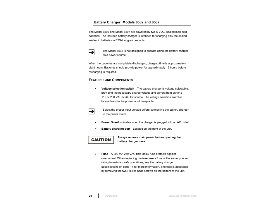 Battery charger: models 6502 and 6507, Features and components | ETS-Lindgren 6512 Shielded Loop Antenna User Manual | Page 24 / 44