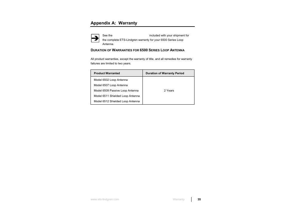 Appendix a: warranty | ETS-Lindgren 6512 Shielded Loop Antenna User Manual | Page 35 / 44
