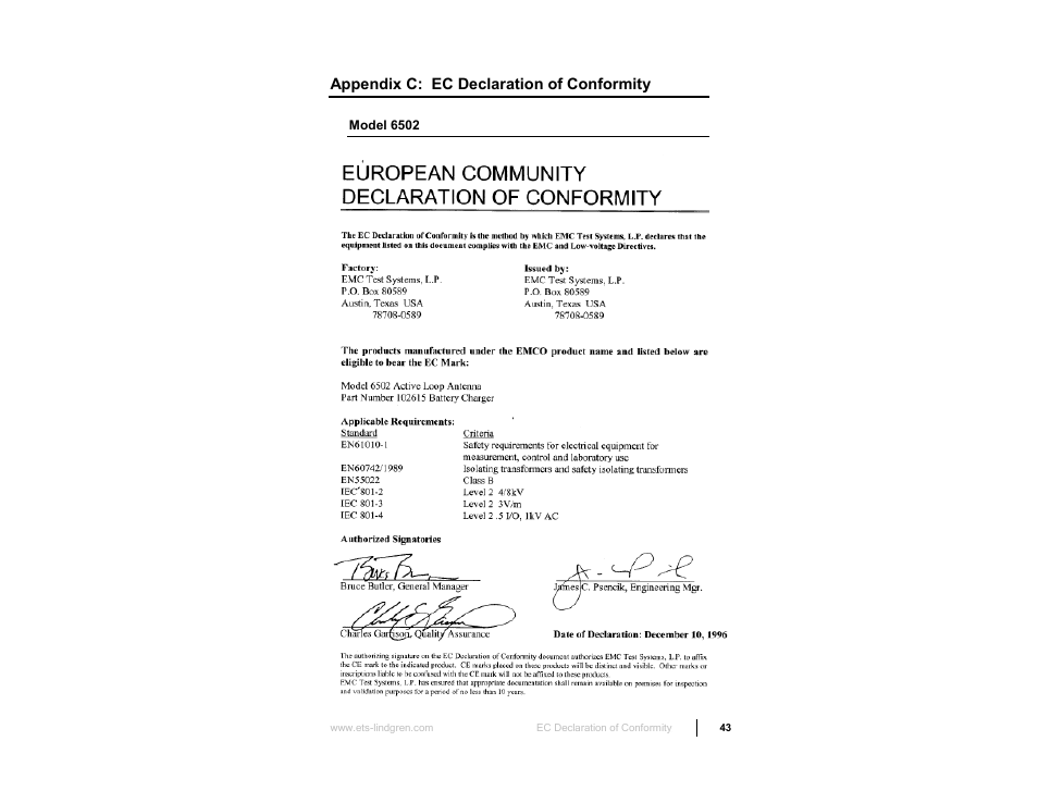 Appendix c: ec declaration of conformity, Model 6502 | ETS-Lindgren 6512 Shielded Loop Antenna User Manual | Page 43 / 44