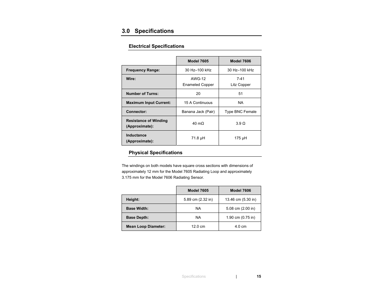 Electrical specifications, Physical specifications, 0 specifications | ETS-Lindgren 7606 Coil Antenna/Shielded Coil User Manual | Page 15 / 39