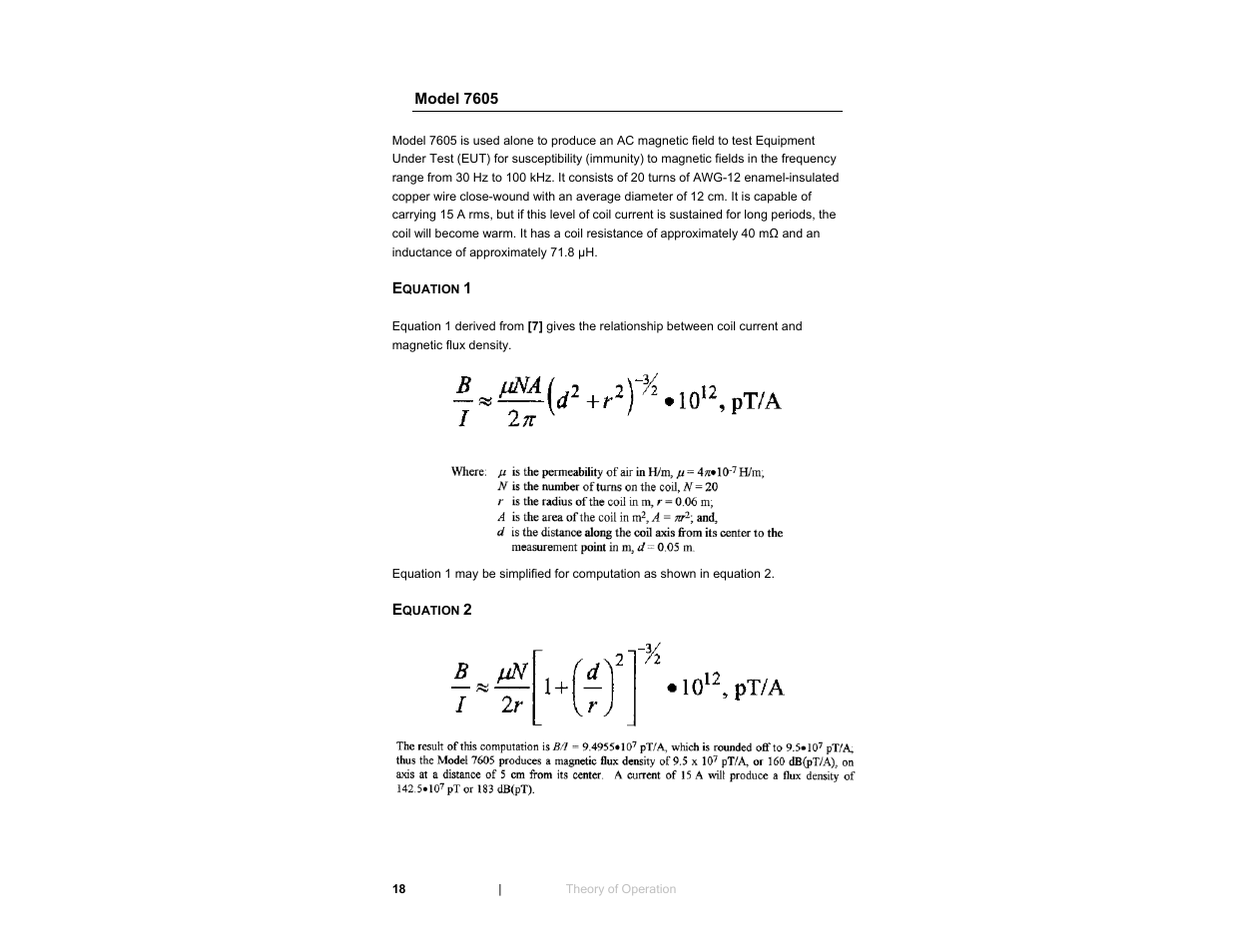 Model 7605, Equation 1, Equation 2 | ETS-Lindgren 7606 Coil Antenna/Shielded Coil User Manual | Page 18 / 39