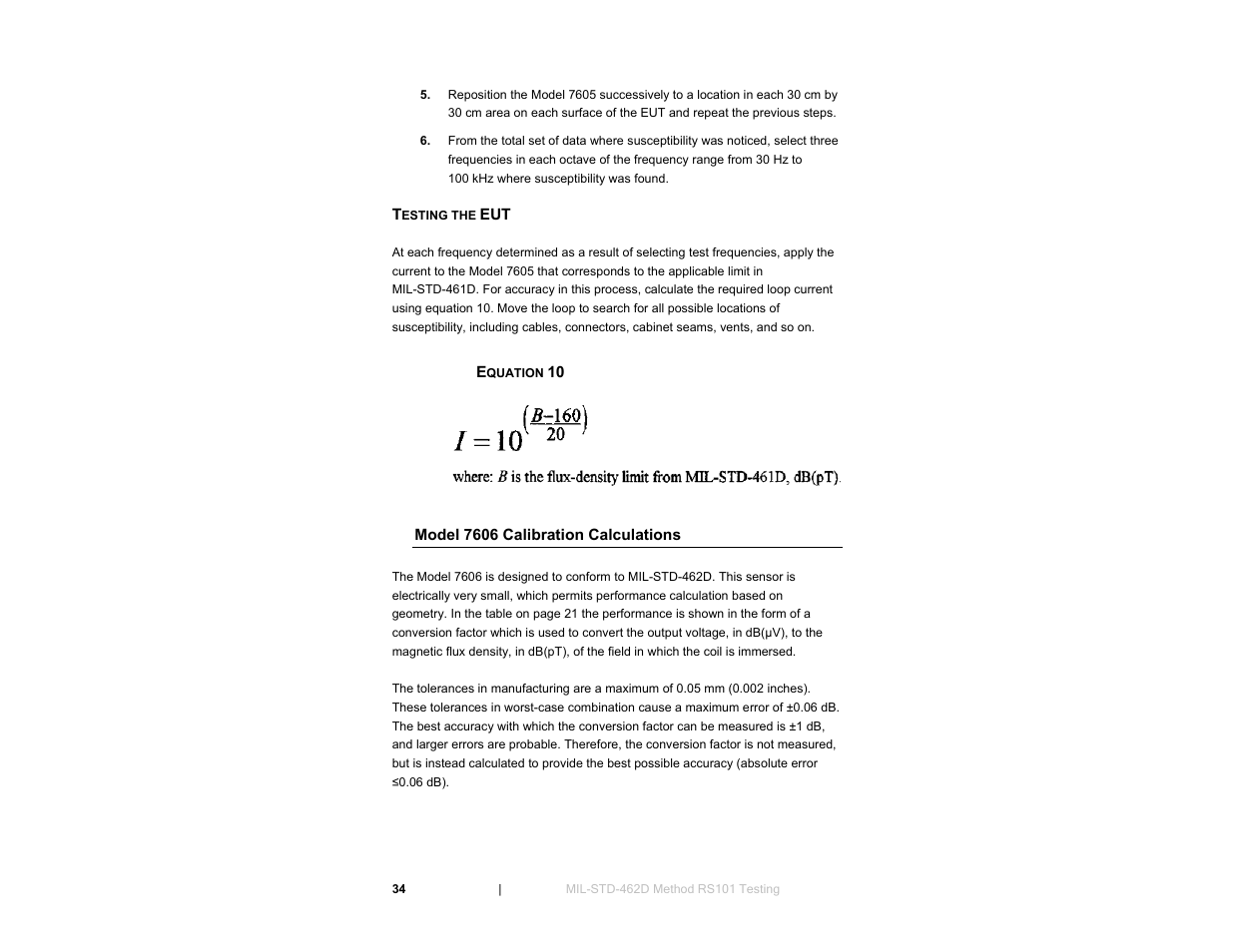 Testing the eut, Model 7606 calibration calculations, Equation 10 | ETS-Lindgren 7606 Coil Antenna/Shielded Coil User Manual | Page 34 / 39