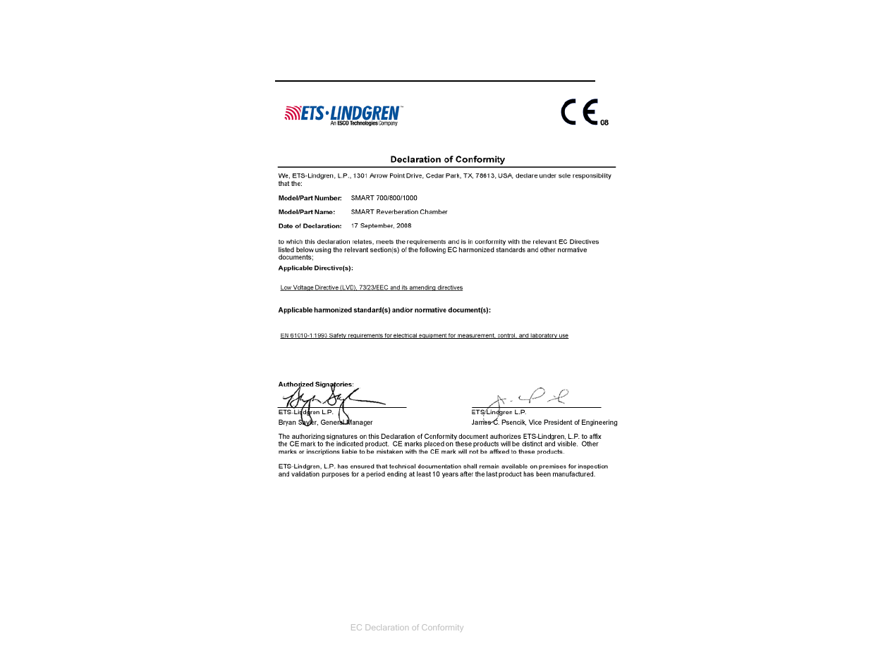 Appendix b: ec declaration of conformity | ETS-Lindgren SMART 1000 Mini-Reverb Cell User Manual | Page 45 / 45
