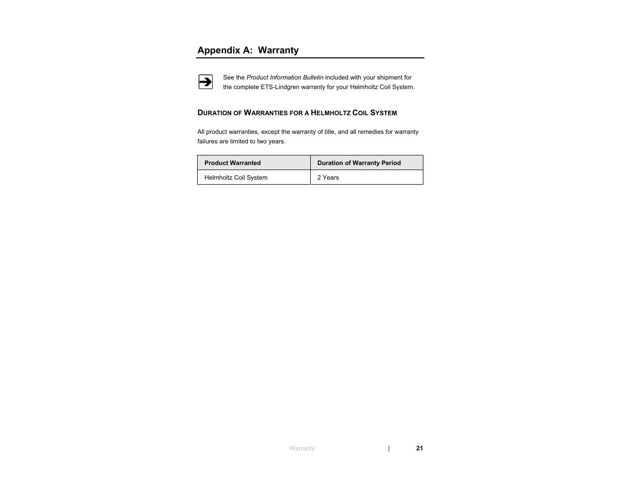 Appendix a: warranty | ETS-Lindgren 6404 Helmholtz Coil User Manual | Page 21 / 24