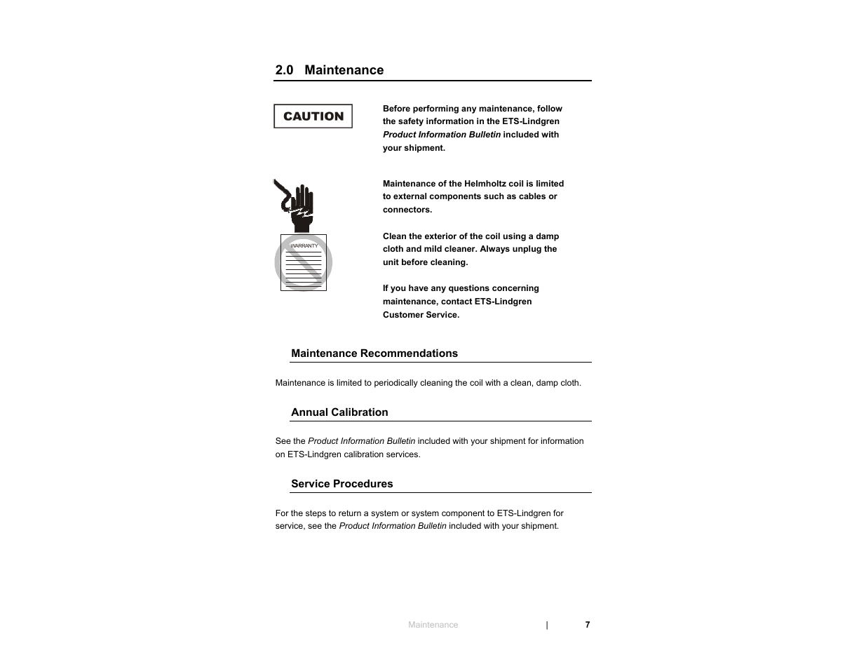 0 maintenance | ETS-Lindgren 6404 Helmholtz Coil User Manual | Page 7 / 24