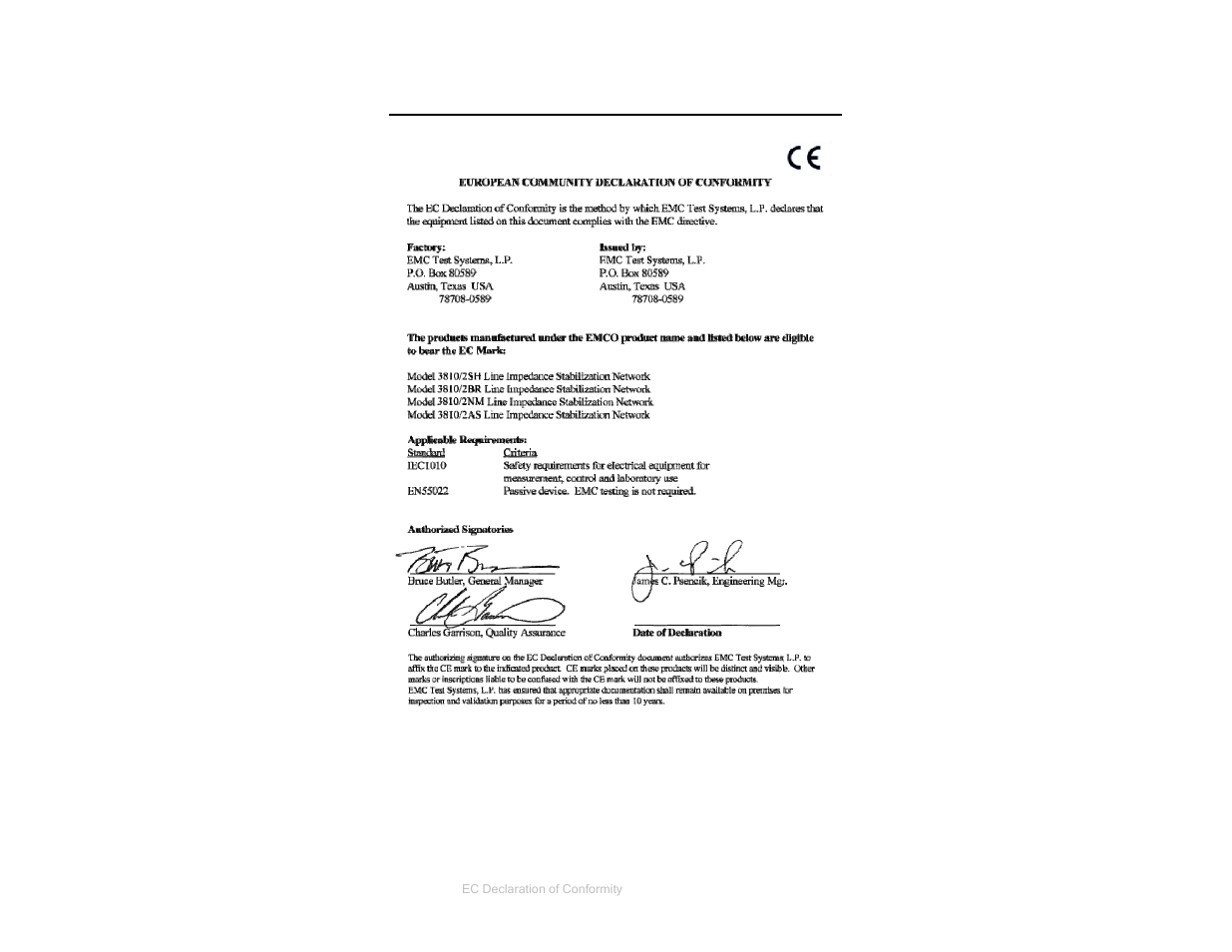 Appendix b: ec declaration of conformity | ETS-Lindgren 3810-2 LISN User Manual | Page 25 / 25