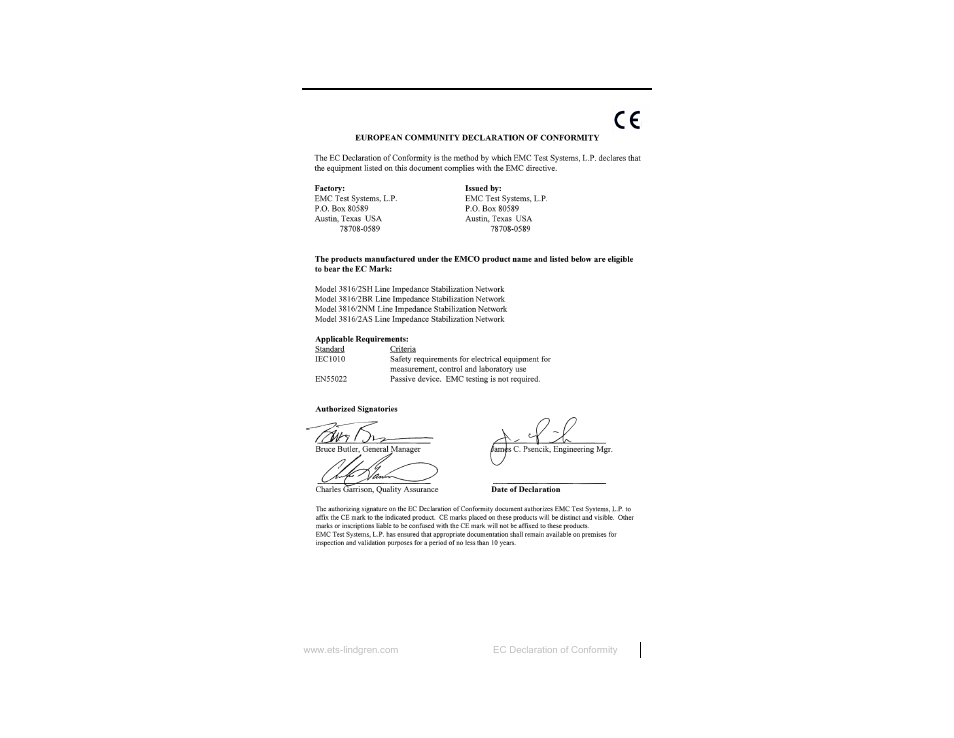 Appendix b: ec declaration of conformity | ETS-Lindgren 3816-2 LISN User Manual | Page 21 / 21