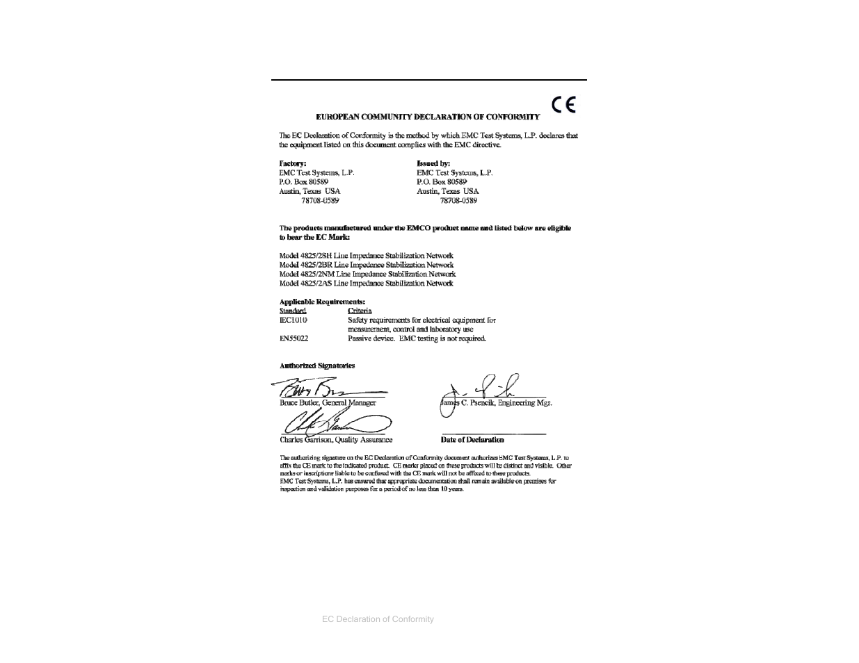 Appendix b: ec declaration of conformity | ETS-Lindgren 4825-2 LISN User Manual | Page 25 / 25