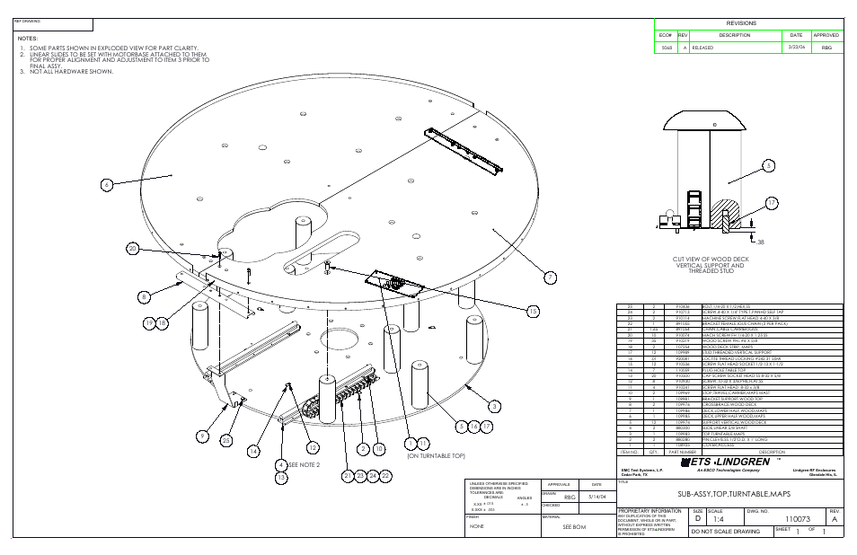 Sheet1, Drawing view1, Drawing view4 | Ets lindgren, Sub-assy,top,turntable,maps, Proprietary information, See bom do not scale drawing, Revisions | ETS-Lindgren 2110 Multi-Axis Positioning Systems (MAPS) User Manual | Page 43 / 48