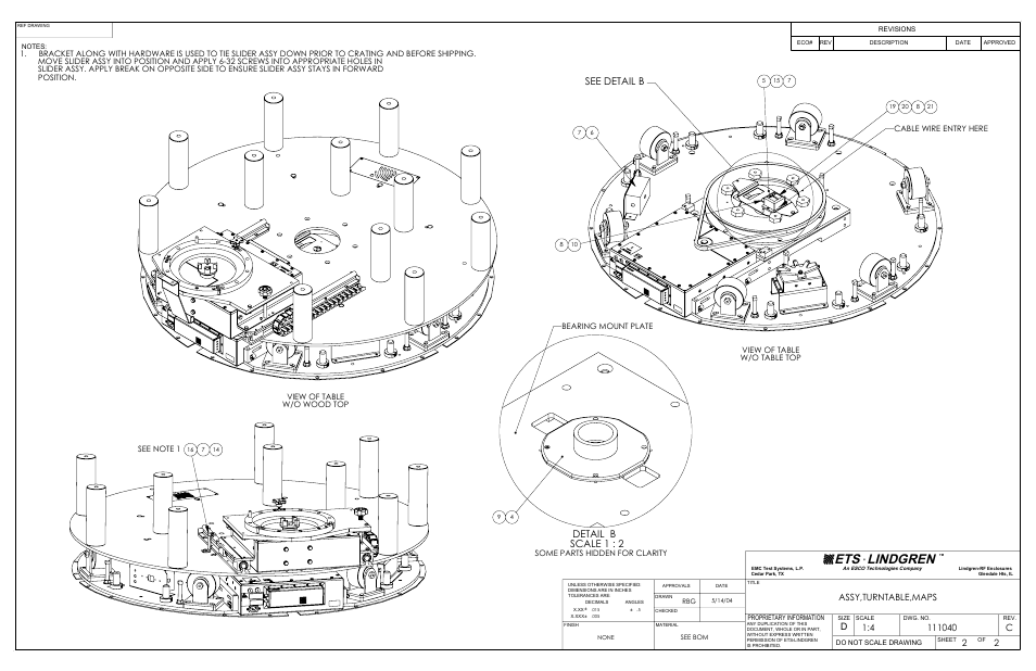 Ets lindgren, See detail b, Detail b scale 1 : 2 | Assy,turntable,maps, View of table w/o table top, Cable wire entry here, Bearing mount plate some parts hidden for clarity | ETS-Lindgren 2110 Multi-Axis Positioning Systems (MAPS) User Manual | Page 45 / 48