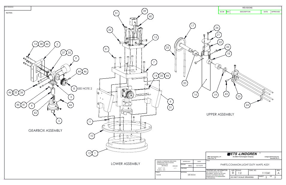 Sheet2, Drawing view5, Detail view c (1 : 2) | Drawing view15, Ets lindgren, Upper assembly, Lower assembly gearbox assembly, Parts,common,light duty maps assy | ETS-Lindgren 2115 Multi-Axis Positioning Systems (MAPS) User Manual | Page 47 / 48
