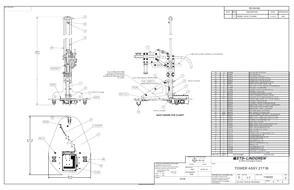 Ets lindgren, Tower assy,2171b, Mast hidden for clarity | None, Revisions | ETS-Lindgren 2171B Boresight Antenna Tower User Manual | Page 62 / 64