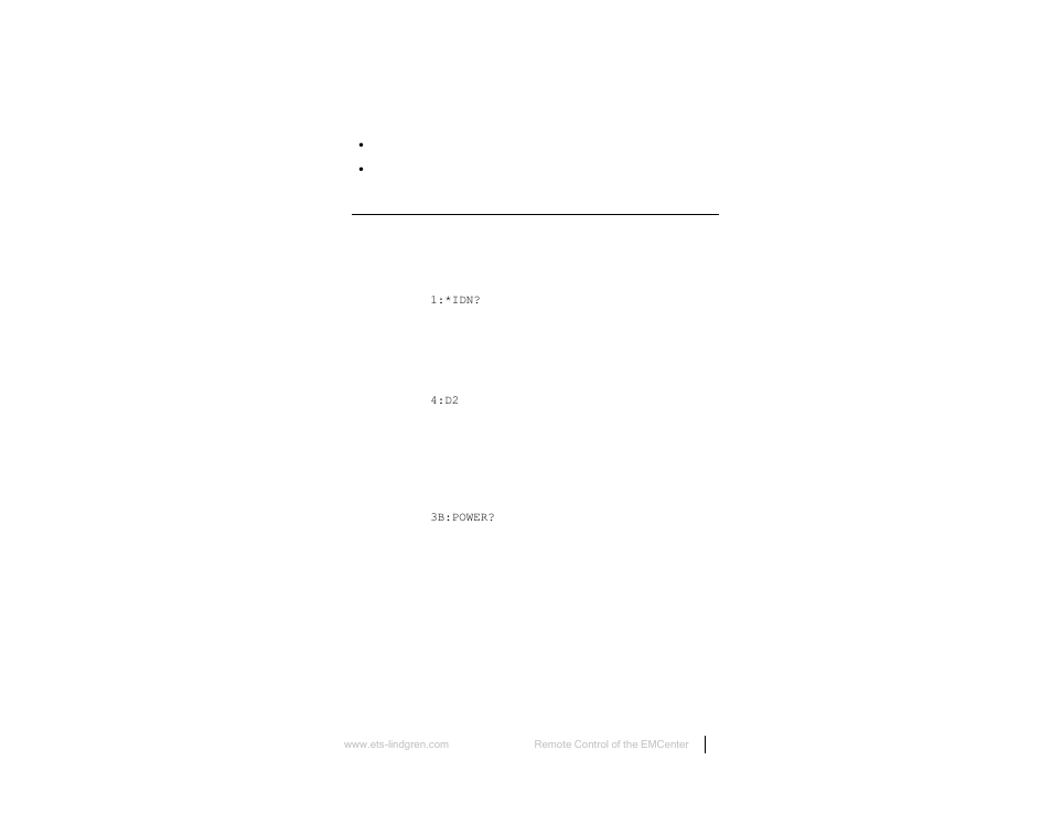 Command examples, Example 1: request device identification, Example 2: request an e-field reading | Example 3: request a power value | ETS-Lindgren 7000-001 EMCenter Modular RF Platform User Manual | Page 35 / 41