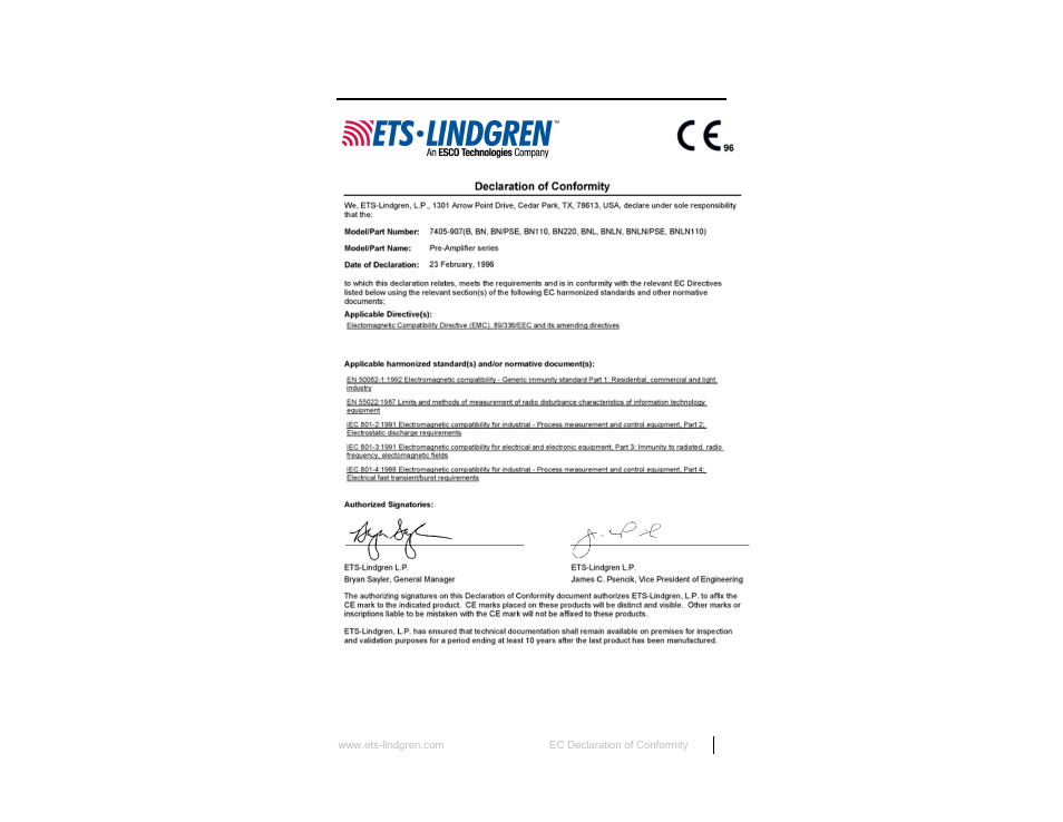 Appendix b: ec declaration of conformity | ETS-Lindgren 7405 E & H Near Field Probe Set User Manual | Page 51 / 51