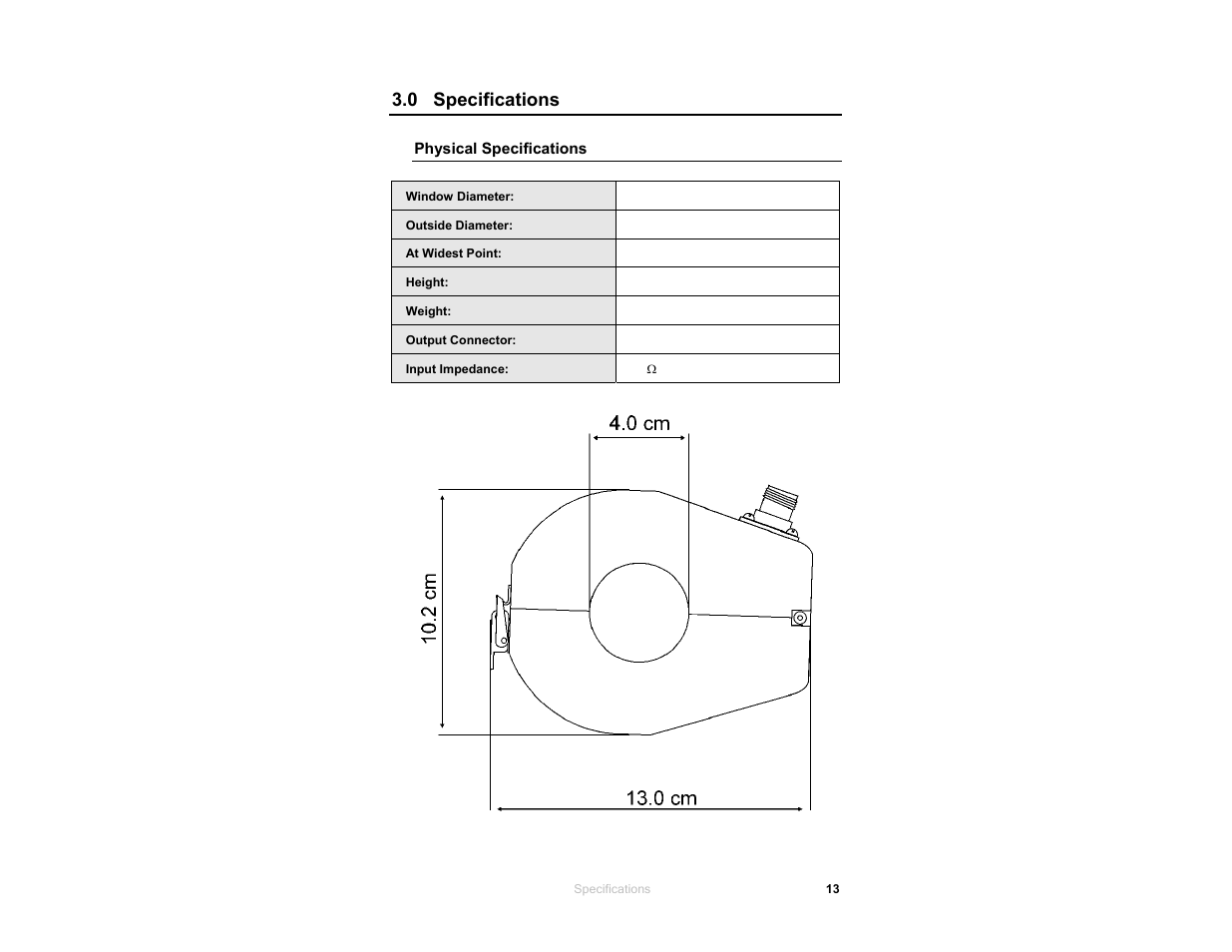 Physical specifications, 0 specifications | ETS-Lindgren 95242-1 Injection Probes User Manual | Page 13 / 27