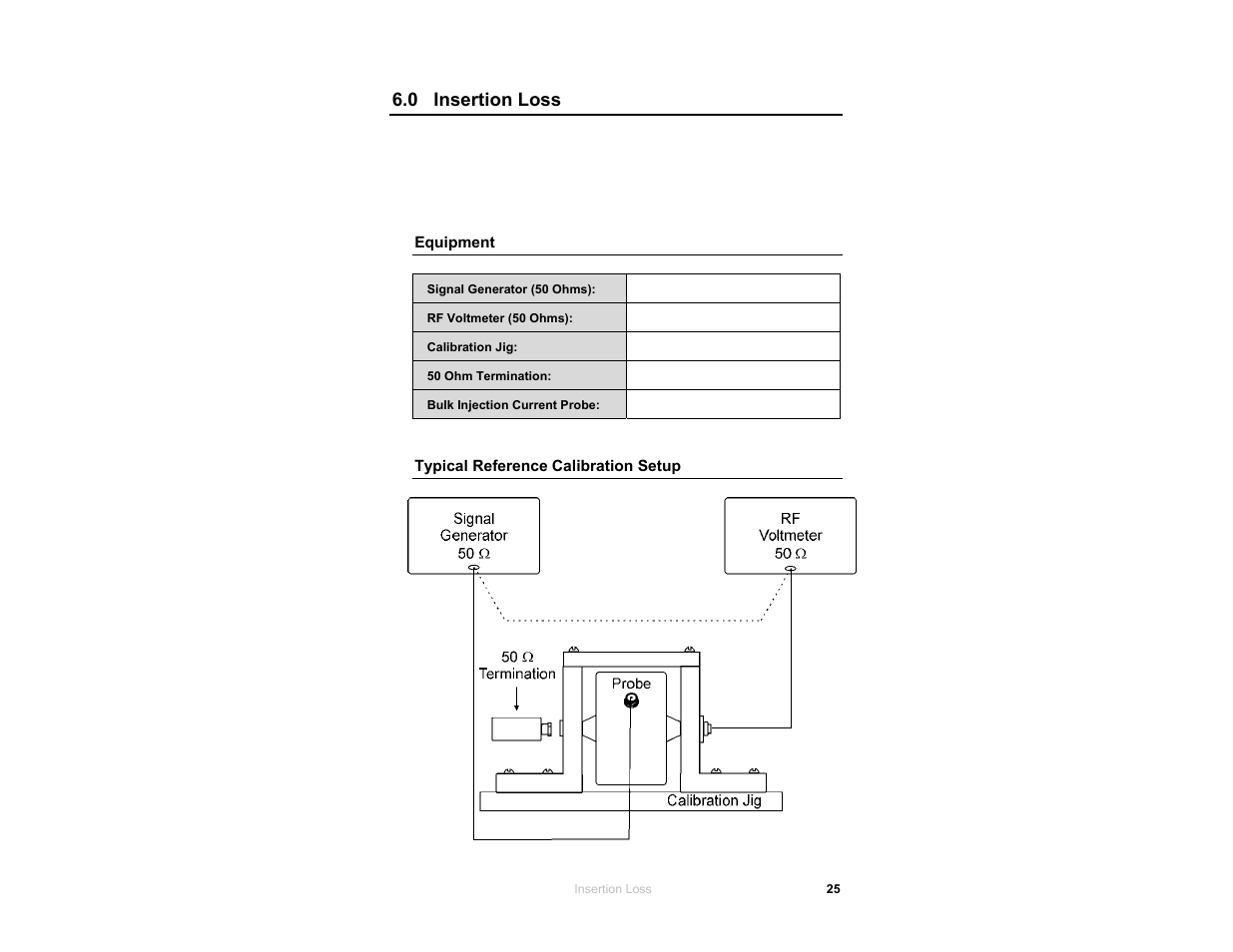 Equipment, Typical reference calibration setup, 0 insertion loss | ETS-Lindgren 95242-1 Injection Probes User Manual | Page 25 / 27