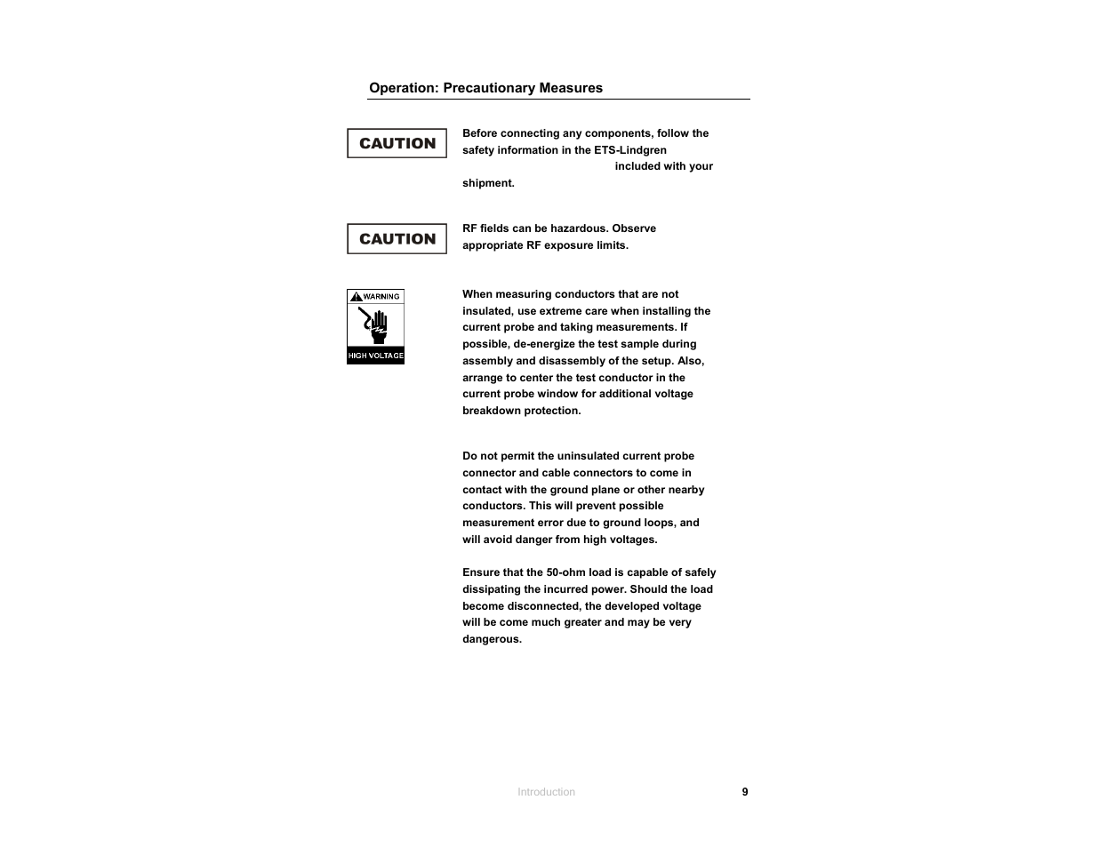 Operation: precautionary measures | ETS-Lindgren 95242-1 Injection Probes User Manual | Page 9 / 27