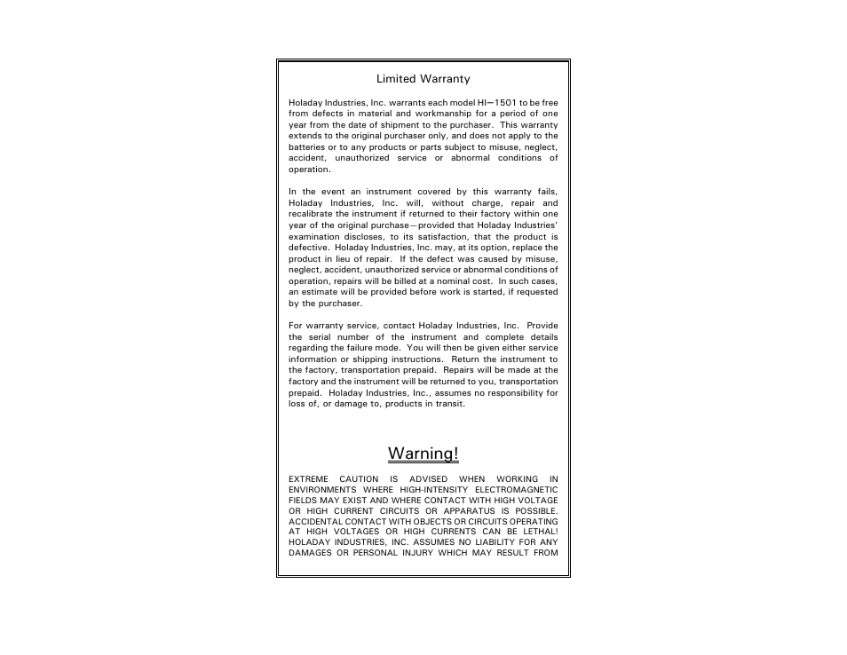 Warning | ETS-Lindgren HI-1501 Microwave Oven Survey Meter User Manual | Page 7 / 28