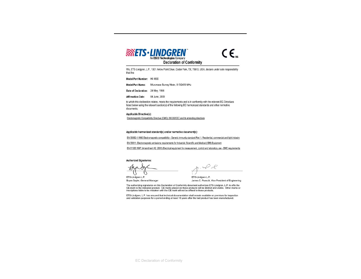 Appendix b: ec declaration of conformity | ETS-Lindgren HI-1600 Microwave Oven Survey Meter User Manual | Page 25 / 26