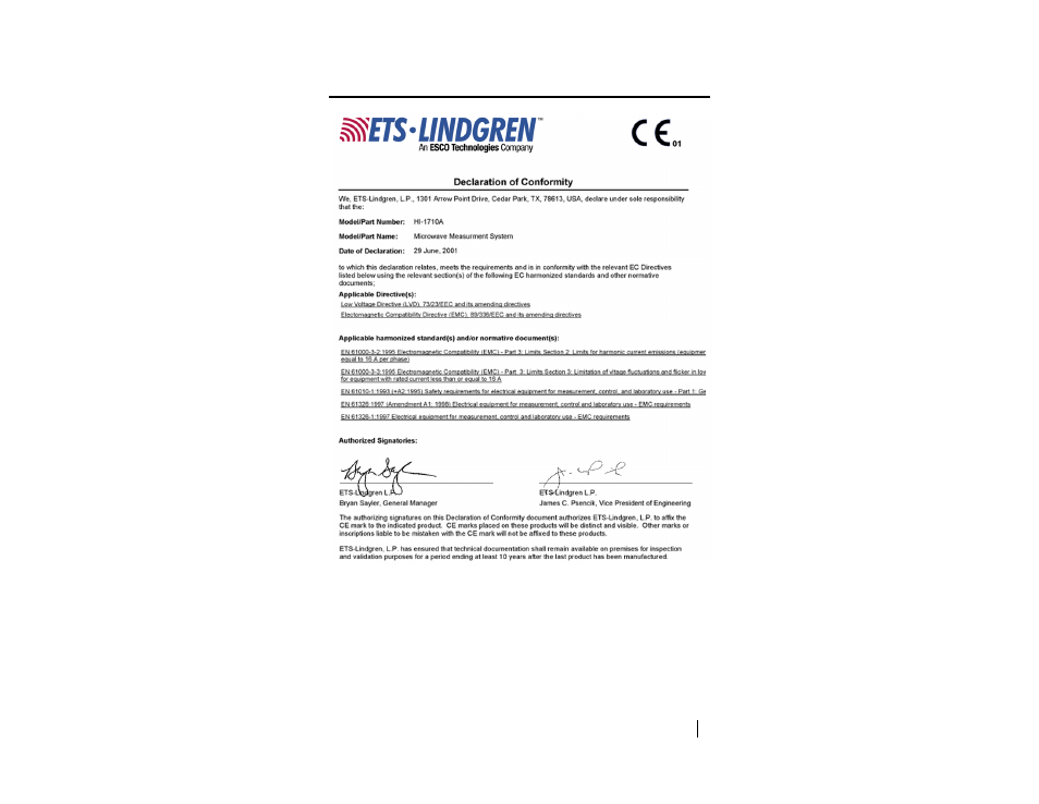 Appendix d: ec declaration of conformity | ETS-Lindgren HI-1710A Microwave Oven Survey Meter User Manual | Page 57 / 57