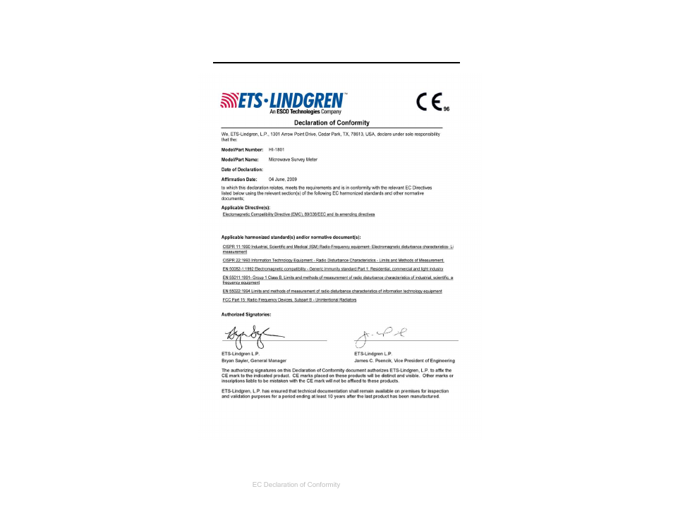 Appendix b: ec declaration of conformity | ETS-Lindgren HI-1801 Microwave Oven Survey Meter User Manual | Page 23 / 24